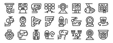 Video izleme sistemi simgeleri ayarlandı. Güvenlik kamerası simgesi seti, çeşitli kameralar, izleme sistemleri ve güvenlik özellikleri geliştirilmiştir.