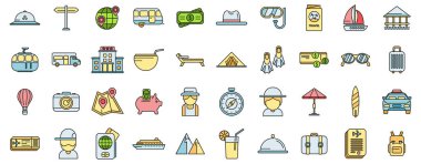 Emeklilik seyahat simgeleri ana hat vektörünü ayarlar. Sigorta güvenliği. Tıbbi yaşam ince çizgi beyazı düz