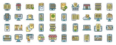 Çevrimiçi kitapçı simgeleri ana hatları belirle. Açık kitap. Yazar literatürü ince çizgi beyaz üzerine düz renk