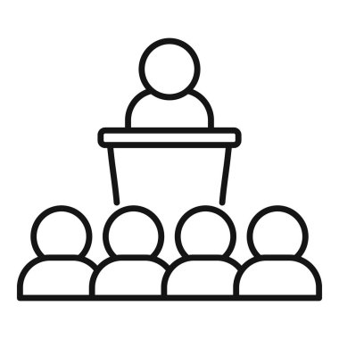 Sahnede önünde oturan meslektaşlarına konuşma yapan bir iş adamının çizimi.