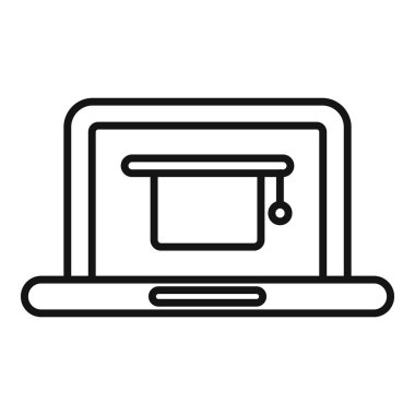 Online öğrenme ve diploma programlarını temsil eden mezuniyet şapkasını gösteren bir dizüstü bilgisayarın satır sanatı simgesi