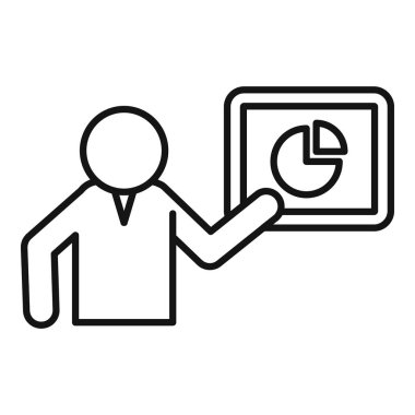 İş adamı, bir iş sunumu sırasında beyaz tahtadaki pasta grafiğine işaret ediyor.