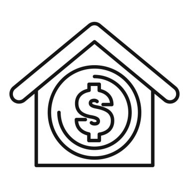 Dolar sembolü içeren bir ev simgesinin çizgi çizimi, gayrimenkul yatırımı, mülkiyet değeri ve ev sahipliği gibi kavramları temsil ediyor