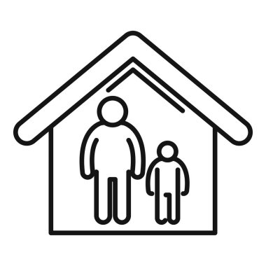 Evlerinin sembolik ana hatlarının içinde duran bir baba ve oğulun çizgi çizimi.