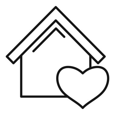 Sevgiyi, aileyi ve hayırseverliği temsil eden kalbi olan bir evin basit siyah beyaz çizgisi.