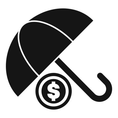 Bir dolarlık madeni parayı yağmurdan koruyan, mali güvenlik ve sigortayı temsil eden siyah beyaz bir şemsiye simgesi.