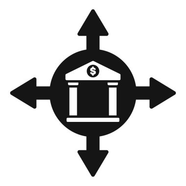 Para transferlerini temsil eden, her yöne bakan oklarla çevrili bir bankanın siyah beyaz simgesi
