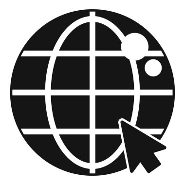 Dünya gezegenine tıklayarak küresel iş ve bağlantıyı temsil eden bir imlecin siyah ve beyaz simgesi