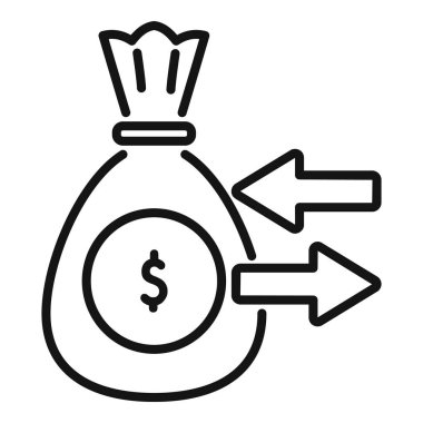 Para transferini gösteren, para transferini gösteren iki oklu bir para çantasının çizgi çizimi