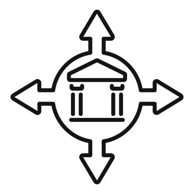 Farklı yönlere bakan dört oklu bir hükümet kurum binasını temsil eden çizgi simgesi, stratejik karar vermeyi öneriyor