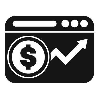Dolar işareti olan bir bilgisayar penceresinin siyah beyaz simgesi ve online iş büyümesini gösteren yükselen bir ok