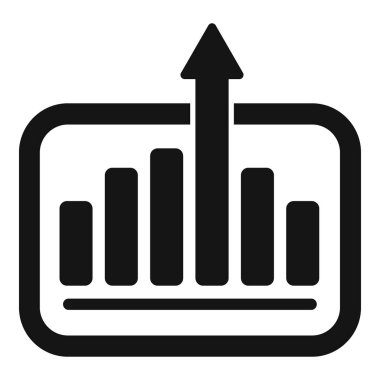 Bir tablet ekranında büyüyen bir çubuk grafiğinin siyah beyaz simgesi, iş başarısını temsil eden yukarı ok ile