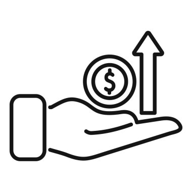 Bir dolar işareti ve yukarı bakan bir ok olan bozuk parayı tutan bir elin çizimi ekonomik büyümeyi temsil ediyor.