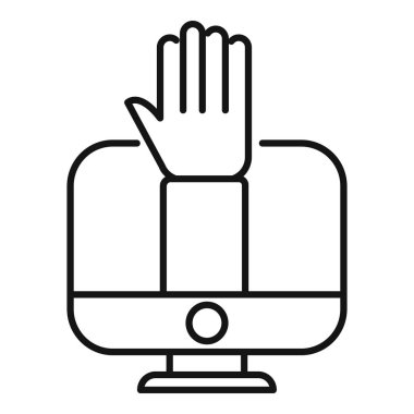 İş adamı çevrimiçi bir toplantı veya sunum sırasında soru sormak için elini kaldırıyor