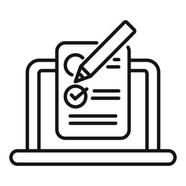 Bilgisayarda kontrol işareti ve kalem ile çevrimiçi bir anketin basit simgesi dolduruluyor