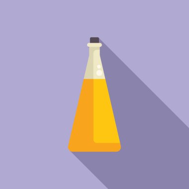 Sarı sıvı içeren kimyasal matara mor arka planda bir gölge oluşturuyor.