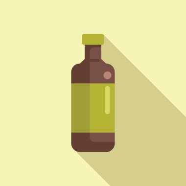 Yeşil etiketli kahverengi bir şişe sunan minimalist illüstrasyon, içecekler, kozmetik ürünler veya eczaneler için ideal
