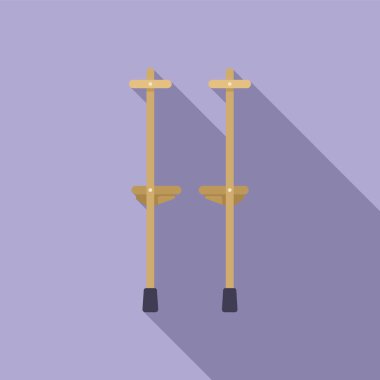 Çocuklar ahşap ayaklıklar mor arka planda duruyor. Gölge çizimi, düz stil.