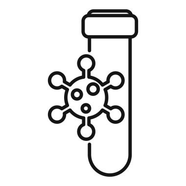 Koronavirüs numunesi içeren bir test tüpünün çizgi sanat ikonu, aşı için bilimsel araştırmaları betimliyor.