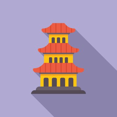 Doğu Asya mimarisinde yaygın bir katmanlı kule olan üç katlı pagoda 'nın renkli bir çizimi