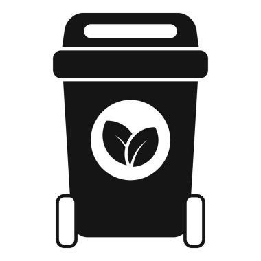 Beyaz arka planda ayakta duran organik atık için siyah tekerlekli çöp kutusunun basit simgesi