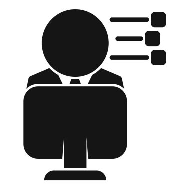 Bilgisayarında çalışan ve bilgi alan bir iş adamının siyah beyaz simgesi