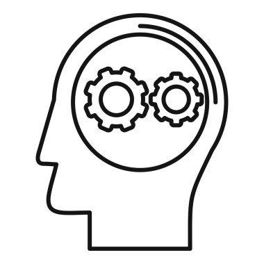 İnsan kafası siluetinin çizgi sanatı çizimi. İçinde iki dişli çalışıyor. Düşünme sürecini temsil ediyor.