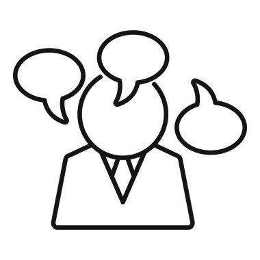 İş adamı, fikir ve iletişimi temsil eden konuşma baloncukları kafasının içinde uçarken derin düşüncelere dalmıştır.