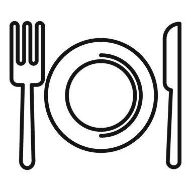 Çatal ve bıçakla boş bir tabağın basit çizimi, yemek ya da yemek zamanı kavramını iletiyor.