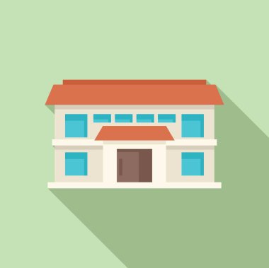 Kırmızı çatılı modern bina yeşil arka planda uzun bir gölge bırakıyor.