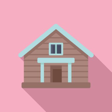 Pembe arka planda uzun gölgeler bırakan küçük ahşap ev, düz tasarım illüstrasyon