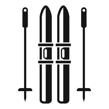 Kış sporları tasarımı için dik duran bir çift dağ kayağı ve sırığın siyah katı simgesi.