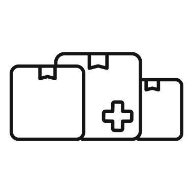 Üç karton kutuyu tasvir eden basit bir simge, biri tıbbi haç sergiliyor, online eczane dağıtım servisini temsil ediyor.