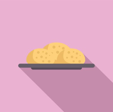 Tabak simgesinde taze pişmiş ekmek ruloları, düz stil.