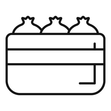 Çiftçi pazarında içi olgun nar dolu ahşap bir sandık çizimi.