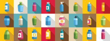 Micellar su ikonları hazır. Renkli şampuan şişeleri çeşitli saç ve vücut ürünleri sergiliyor.