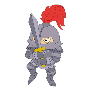 Kılıç tutan bir şövalyenin karikatür çizimi, savaşmaya hazır.