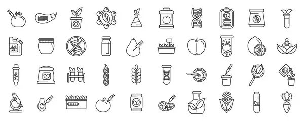 stock vector genetic modification in agriculture icons set. Scientists modifying food genetically in laboratory using scientific equipment and chemicals