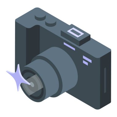 Profesyonel dijital kamera yanıp sönüyor, izometrik görüntüde fotoğraf çekiyor
