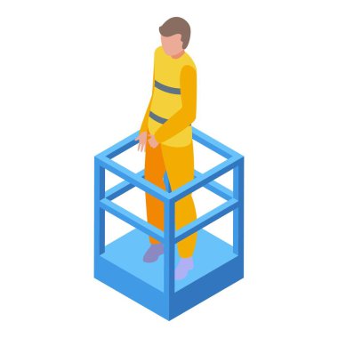 Sarı üniformalı inşaat işçisi, küçük yapı iskelesi ikonu üzerinde duruyor.