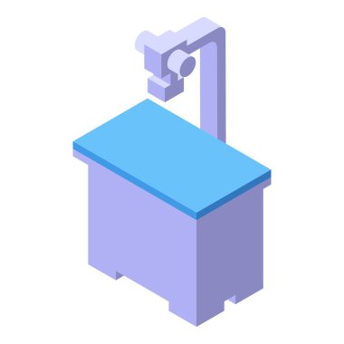 Robot kol beyaz arka planda tıbbi masanın üstünde bir şey tutuyor.