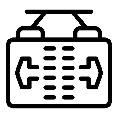 Bir teleferik tabelasının siyah beyaz simgesi oklu iki yönlü trafiği gösteriyor