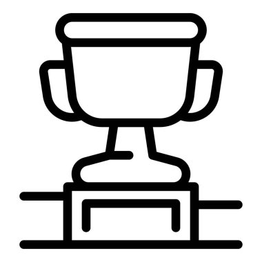 Bir podyumda sergilenen parlak bir kupanın çizgi ikonu zafer ve başarıyı temsil ediyor.