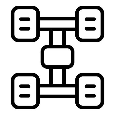 Dört tekerli bir otomobil şasesini temsil eden basit çizgi simgesi, otomobil imalatı ve mühendisliği ile ilgili projeler için ideal