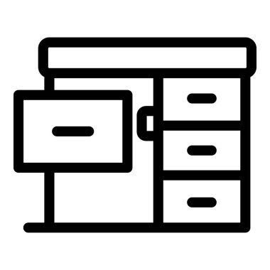 Çekmeceleri ve bilgisayar ekranı olan bir masanın basit satır simgesi, bir ev ofis kurulumunu temsil ediyor
