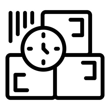 Karton kutular için teslimat zamanını gösteren bir saatin çizgi resim simgesi, hızlı nakliyeyi temsil ediyor