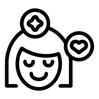 Kalp ikonuyla gülümseyen, işine tutkuyla bağlı bir kadın sağlık uzmanının çizgi sanatı simgesi.