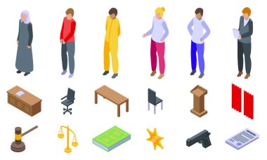 Mahkeme salonu ikonları ayarlandı. Bu izometrik sette yargıç, avukat, sanık ve çeşitli mahkeme objeleri tasvir edilmiştir.
