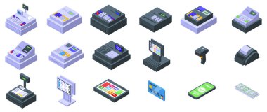 Kasiyer makine simgeleri ayarlandı. Satış sistemlerinin evrimini ve çeşitliliğini gösteren çeşitli nakit kasaları gösteriliyor