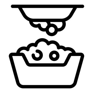 Kedi kumu döken bir çanağın çizgi simgesi, basit bir tasarım.